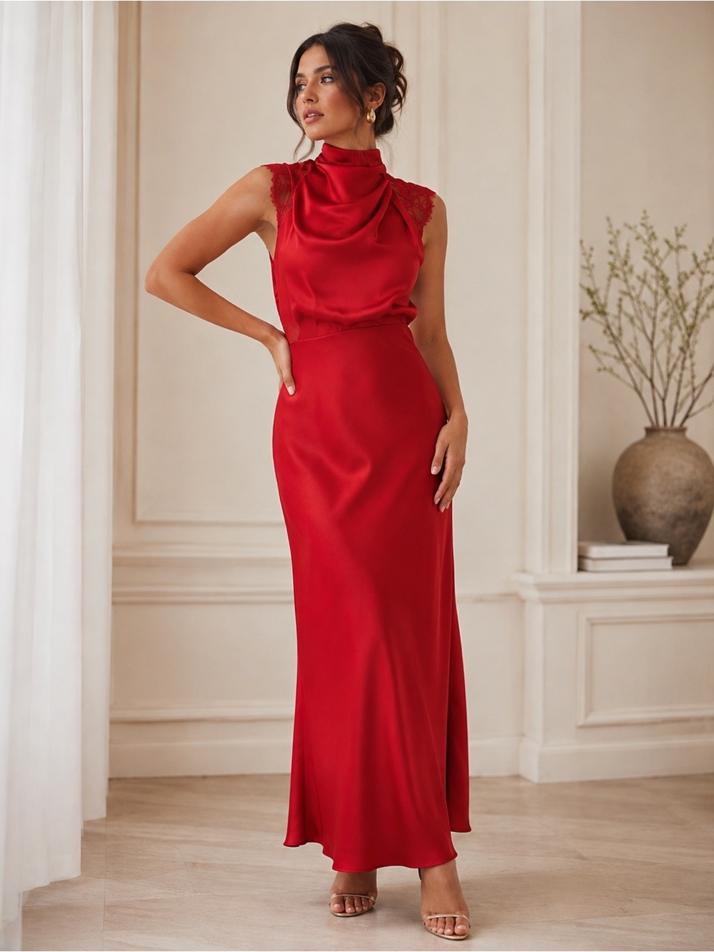 Petal & Pup Anabelle Red Satin Halter Mock Neck Lace Maxi Dress Large
